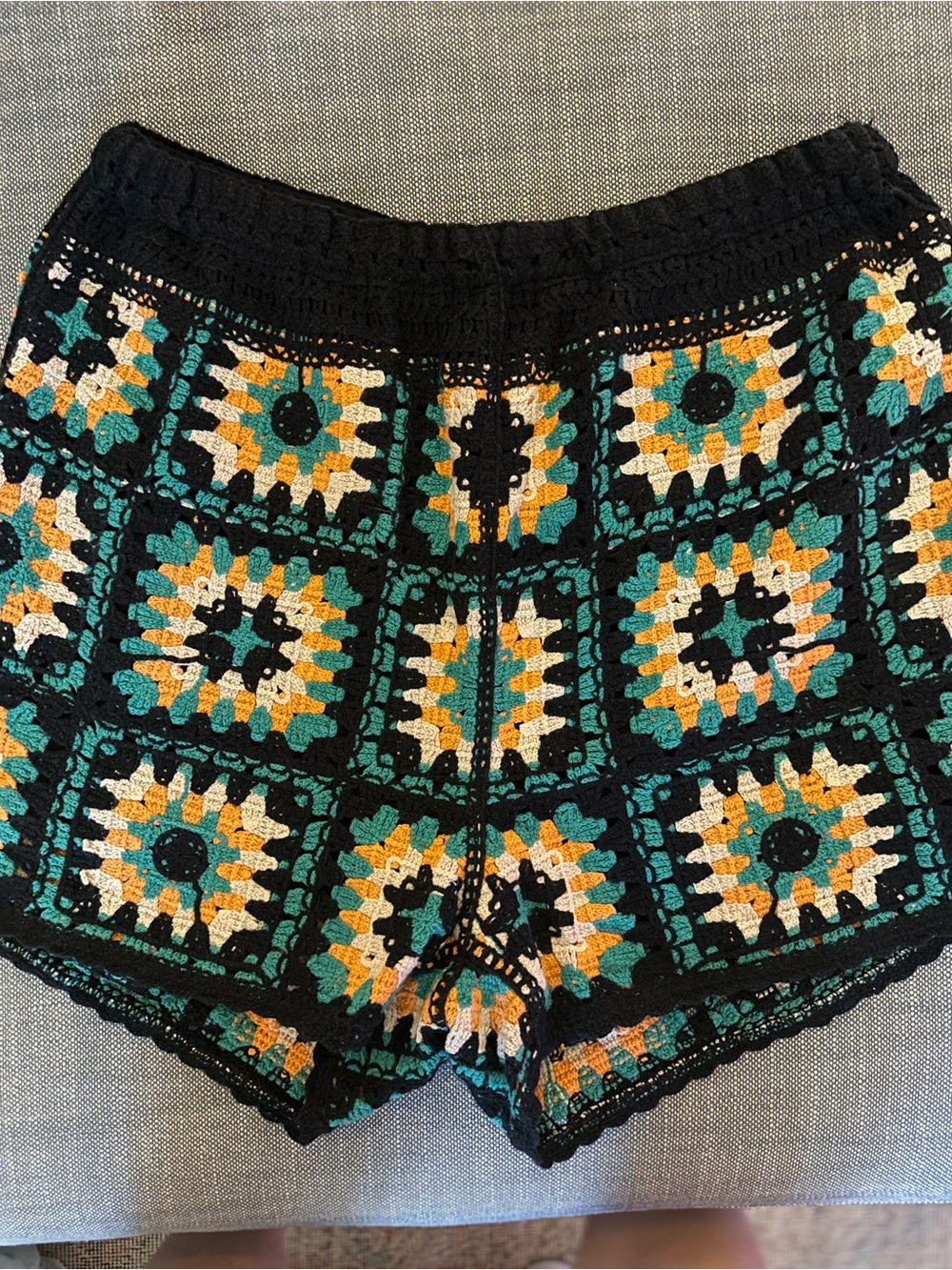 High-Waist Crochet Square-Pattern Women’s Shorts in Black, Teal & Mustard